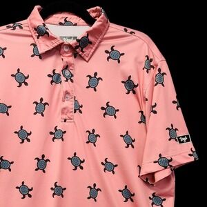 Waggle Golf Polo Shirt Mens Large Pink Sea Turtle All Over Print PLEASE READ